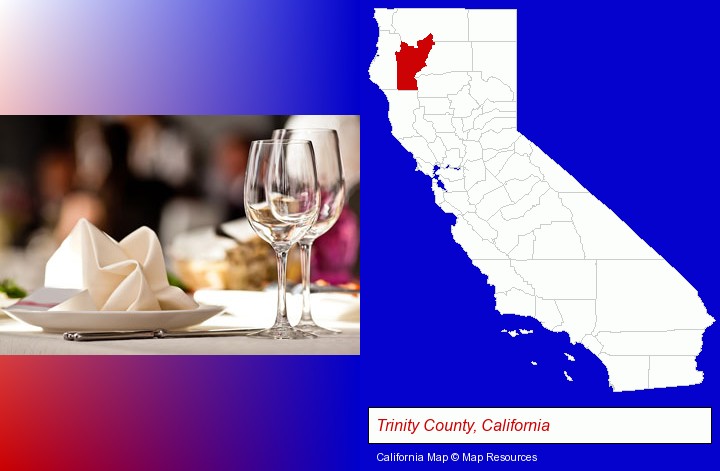 a restaurant table place setting; Trinity County, California highlighted in red on a map
