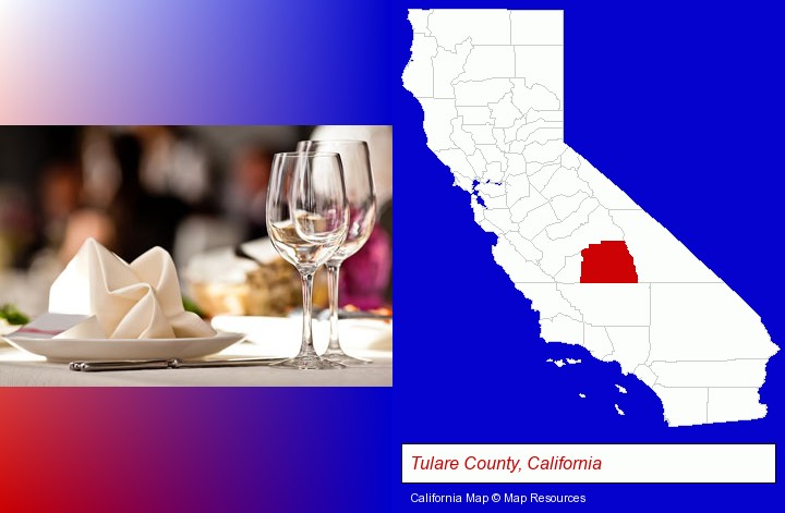 a restaurant table place setting; Tulare County, California highlighted in red on a map
