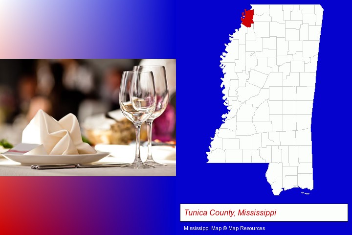 a restaurant table place setting; Tunica County, Mississippi highlighted in red on a map