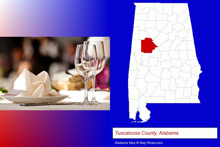 a restaurant table place setting; Tuscaloosa County, Alabama highlighted in red on a map