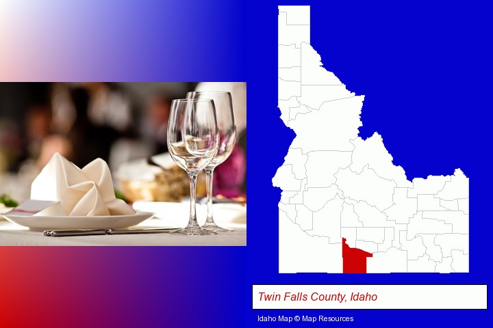 a restaurant table place setting; Twin Falls County, Idaho highlighted in red on a map