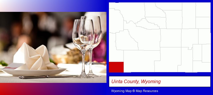a restaurant table place setting; Uinta County, Wyoming highlighted in red on a map