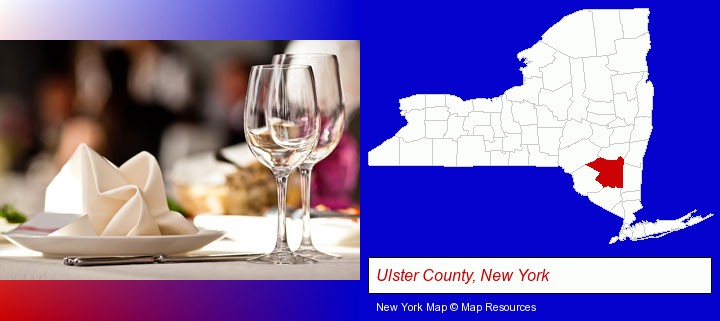 a restaurant table place setting; Ulster County, New York highlighted in red on a map