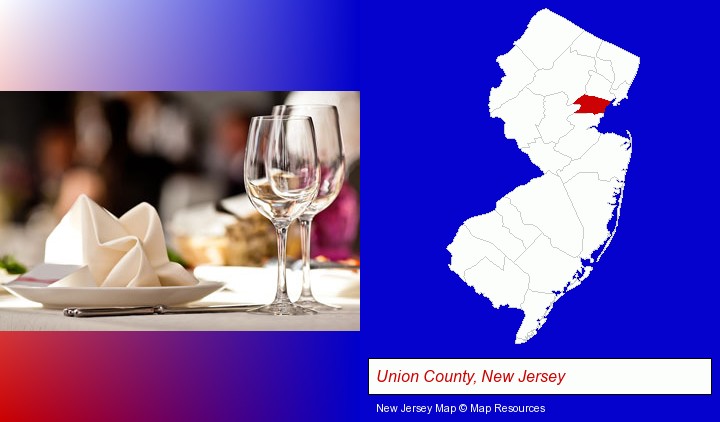 a restaurant table place setting; Union County, New Jersey highlighted in red on a map