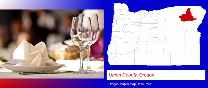 a restaurant table place setting; Union County, Oregon highlighted in red on a map