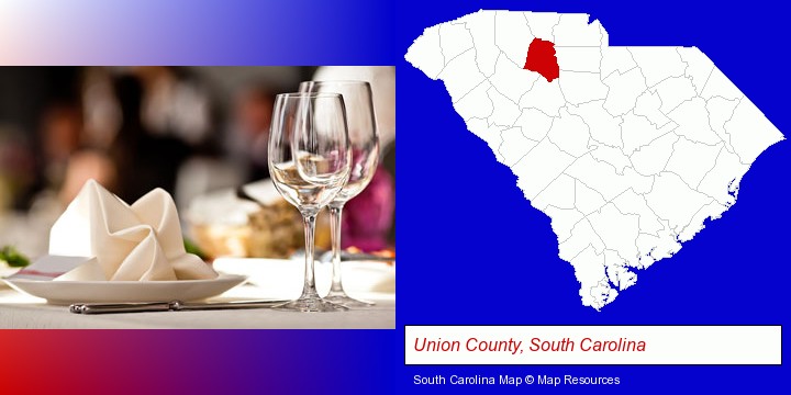 a restaurant table place setting; Union County, South Carolina highlighted in red on a map