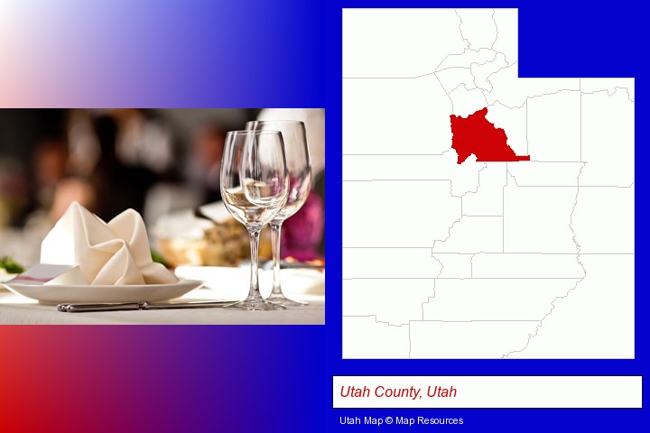 a restaurant table place setting; Utah County, Utah highlighted in red on a map