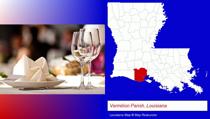 a restaurant table place setting; Vermilion Parish, Louisiana highlighted in red on a map