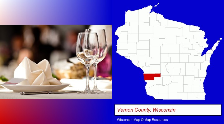 a restaurant table place setting; Vernon County, Wisconsin highlighted in red on a map