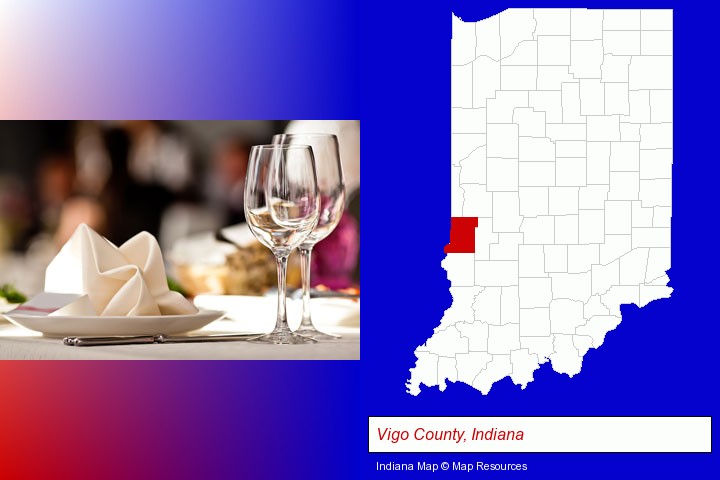 a restaurant table place setting; Vigo County, Indiana highlighted in red on a map