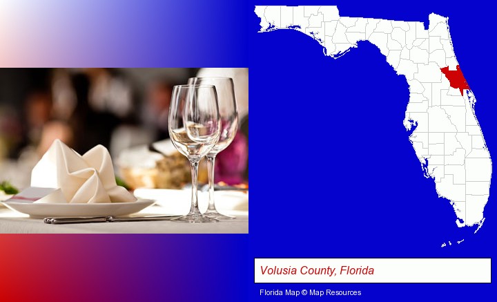 a restaurant table place setting; Volusia County, Florida highlighted in red on a map