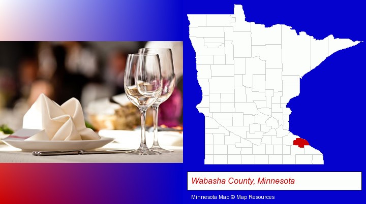 a restaurant table place setting; Wabasha County, Minnesota highlighted in red on a map
