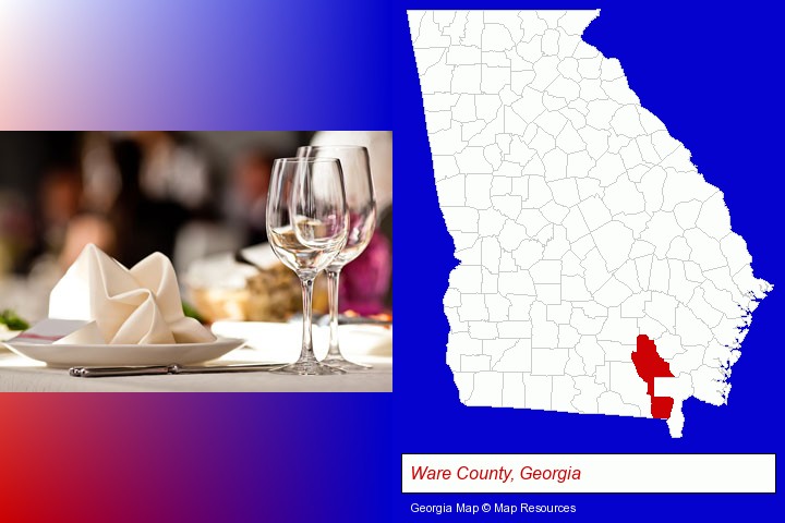 a restaurant table place setting; Ware County, Georgia highlighted in red on a map