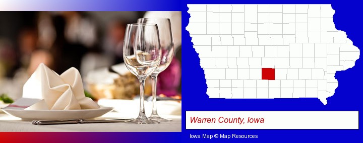 a restaurant table place setting; Warren County, Iowa highlighted in red on a map