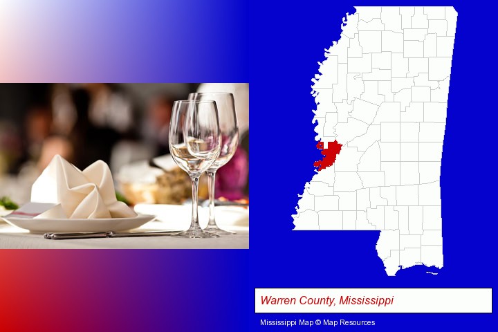 a restaurant table place setting; Warren County, Mississippi highlighted in red on a map