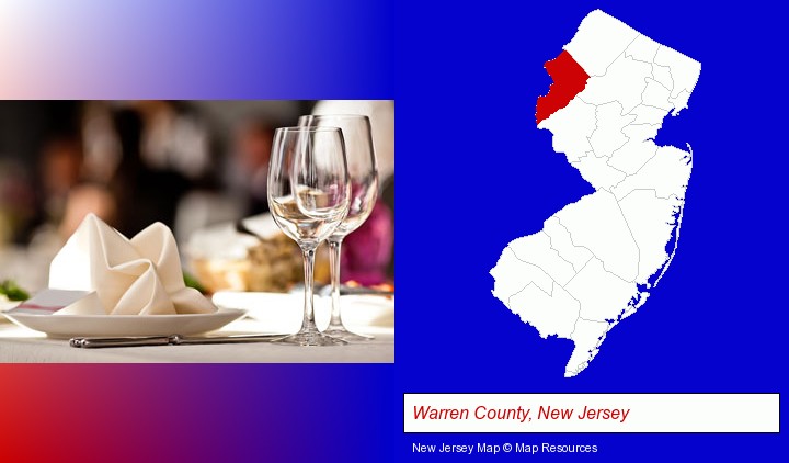 a restaurant table place setting; Warren County, New Jersey highlighted in red on a map