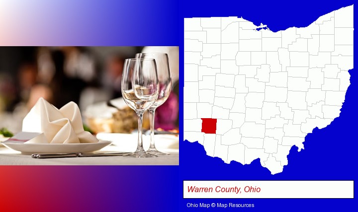 a restaurant table place setting; Warren County, Ohio highlighted in red on a map
