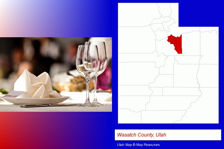 a restaurant table place setting; Wasatch County, Utah highlighted in red on a map