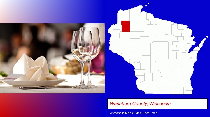 a restaurant table place setting; Washburn County, Wisconsin highlighted in red on a map