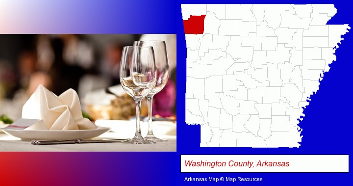 a restaurant table place setting; Washington County, Arkansas highlighted in red on a map