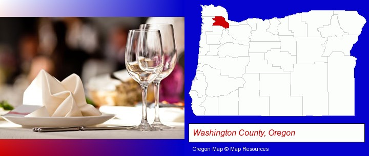 a restaurant table place setting; Washington County, Oregon highlighted in red on a map