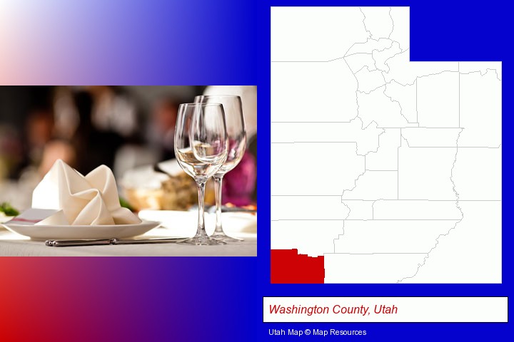 a restaurant table place setting; Washington County, Utah highlighted in red on a map