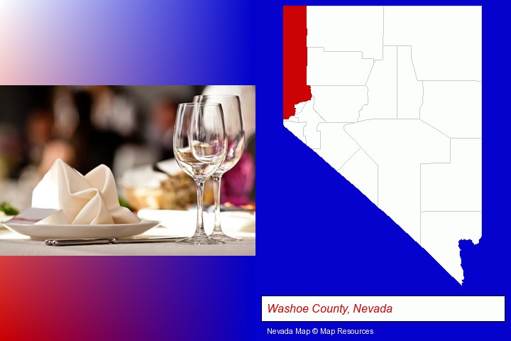 a restaurant table place setting; Washoe County, Nevada highlighted in red on a map