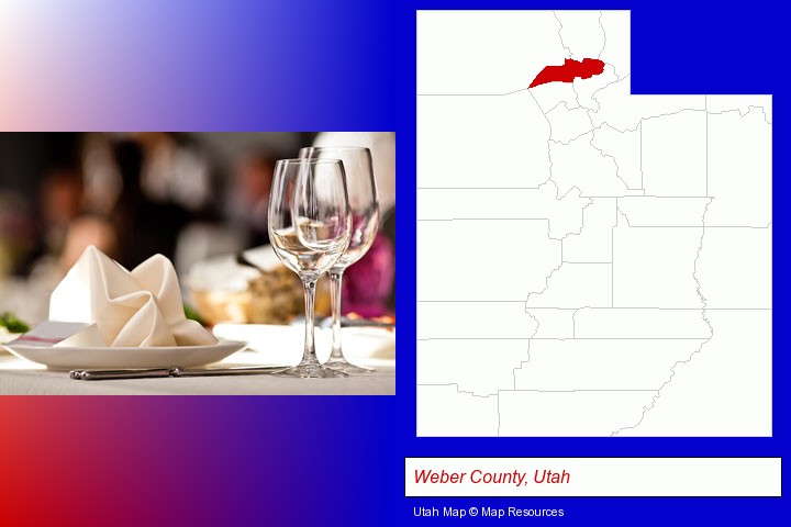 a restaurant table place setting; Weber County, Utah highlighted in red on a map
