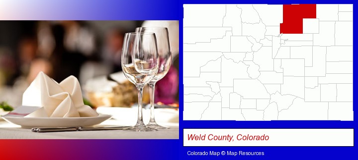 a restaurant table place setting; Weld County, Colorado highlighted in red on a map