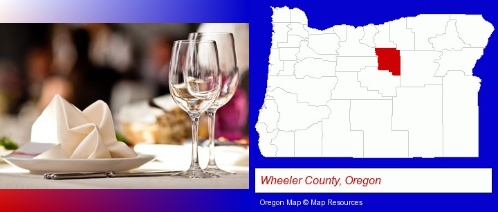 a restaurant table place setting; Wheeler County, Oregon highlighted in red on a map