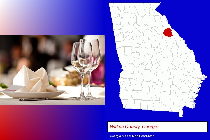 a restaurant table place setting; Wilkes County, Georgia highlighted in red on a map