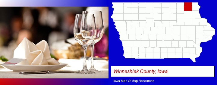 a restaurant table place setting; Winneshiek County, Iowa highlighted in red on a map