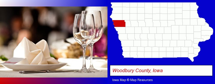 a restaurant table place setting; Woodbury County, Iowa highlighted in red on a map