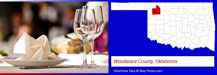 a restaurant table place setting; Woodward County, Oklahoma highlighted in red on a map