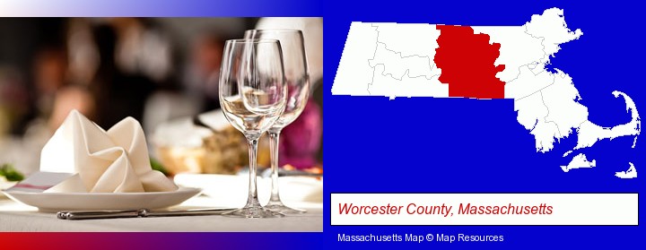 a restaurant table place setting; Worcester County, Massachusetts highlighted in red on a map
