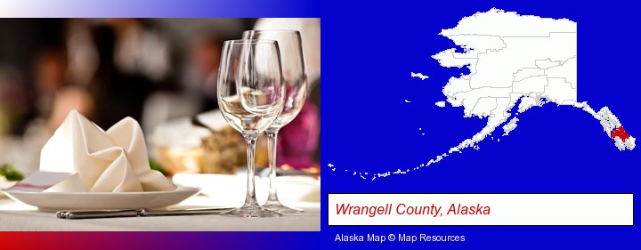 a restaurant table place setting; Wrangell County, Alaska highlighted in red on a map