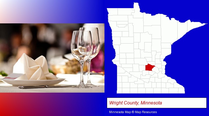 a restaurant table place setting; Wright County, Minnesota highlighted in red on a map
