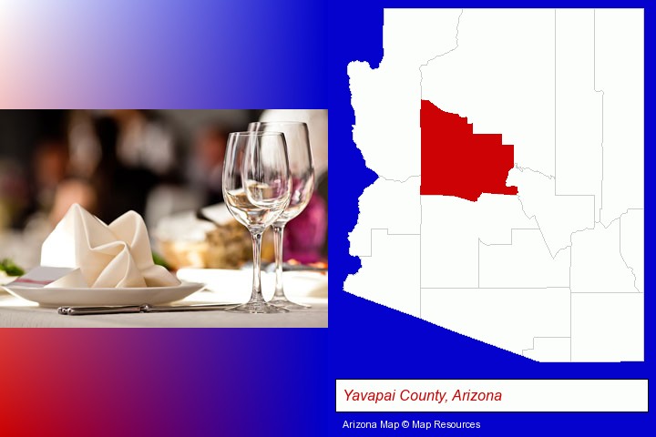 a restaurant table place setting; Yavapai County, Arizona highlighted in red on a map