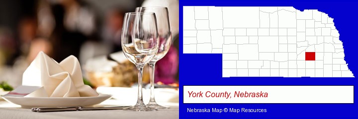 a restaurant table place setting; York County, Nebraska highlighted in red on a map