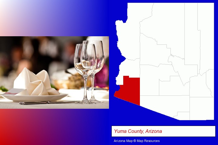 a restaurant table place setting; Yuma County, Arizona highlighted in red on a map
