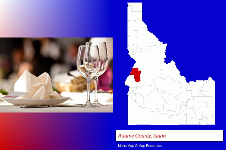 a restaurant table place setting; Adams County, Idaho highlighted in red on a map