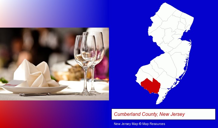 a restaurant table place setting; Cumberland County, New Jersey highlighted in red on a map