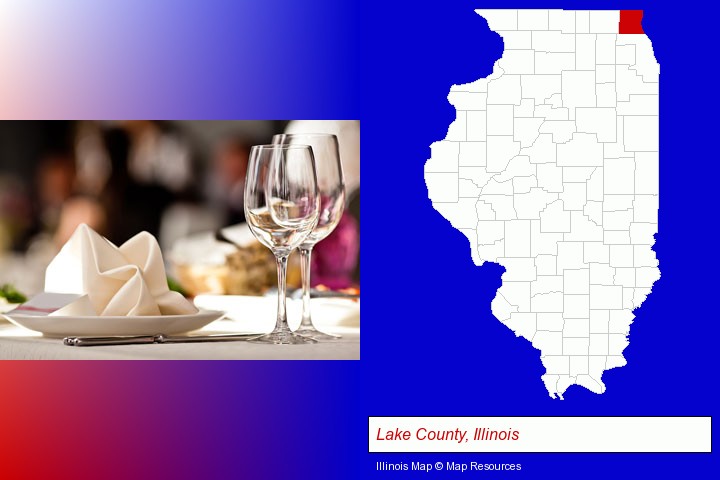 a restaurant table place setting; Lake County, Illinois highlighted in red on a map