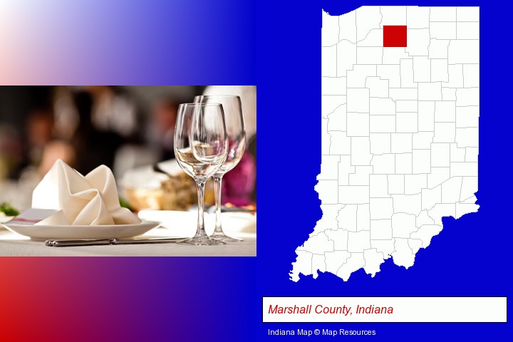 a restaurant table place setting; Marshall County, Indiana highlighted in red on a map