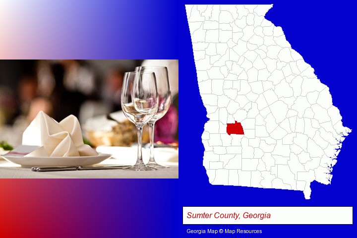 a restaurant table place setting; Sumter County, Georgia highlighted in red on a map